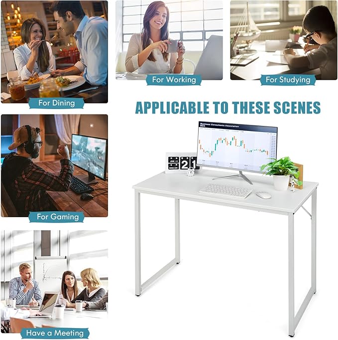 COSTWAY Home Office Computer Desk 40 inch Modern Simple Writing Study Desk Metal Frame Gaming Desk Laptop PC Workstation for Living Room Bedroom &amp Study (White)