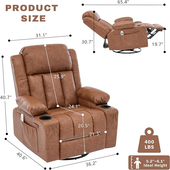 Rocker Recliner Chair with Heat and Massage360°Swivel Recliner Chair for Adults ElderlyOversized Recliner Single Sofa Seat with 2 Cup Holders and Side Pocket (Brown)