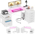 Unikito 70.8 Reversible L Shaped Computer Desk with Fabric File Drawers Corner Desks with RGB LED Light &amp Power Outlets &amp Monitor Stand Large Gaming Desk for Home Office Workstation White