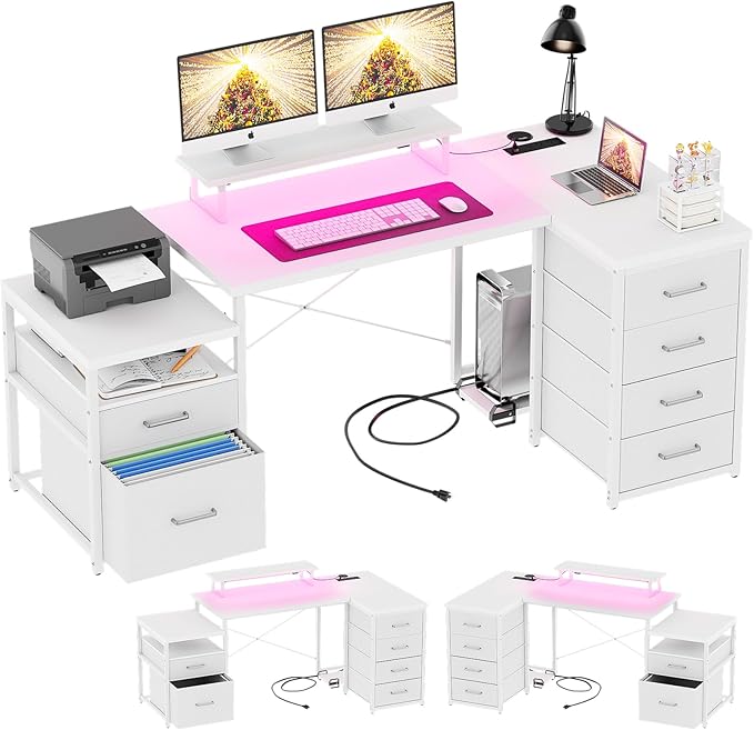Unikito 70.8 Reversible L Shaped Computer Desk with Fabric File Drawers Corner Desks with RGB LED Light &amp Power Outlets &amp Monitor Stand Large Gaming Desk for Home Office Workstation White