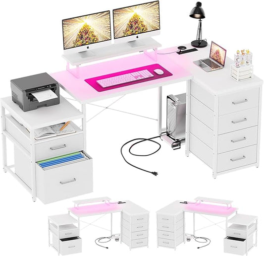 Unikito 70.8 Reversible L Shaped Computer Desk with Fabric File Drawers Corner Desks with RGB LED Light &amp Power Outlets &amp Monitor Stand Large Gaming Desk for Home Office Workstation White