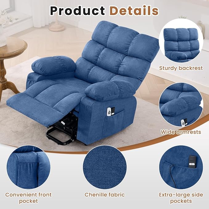 BOSMILLER Electric Power Lift Recliner Chair Sofa with Massage and Heat for ElderlyLift Chair with Side Pockets for Living Room