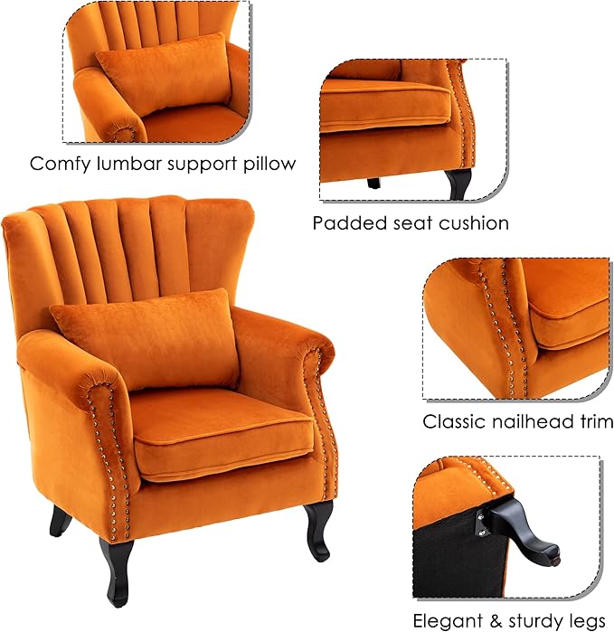 chairus Mid-Century Modern Accent Chairs Set of 2 Comfy Sofa Chairs Channel Back Armchairs with Small Pillow for Living Roon Bedroom Club - Velvet Orange