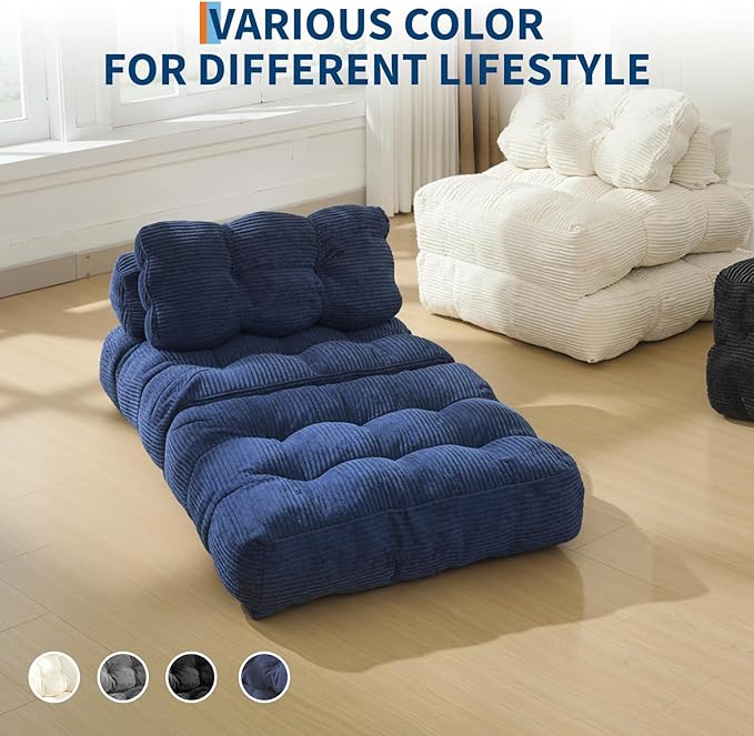 Folding Sofa Bed Convertible Sleeper Chair with Pillow Foldable Mattress&ampSide Pocket Portable Fold Out Chair Bed Comfy Floor Sofa Lounge for Living Room Bedroom Blue Single