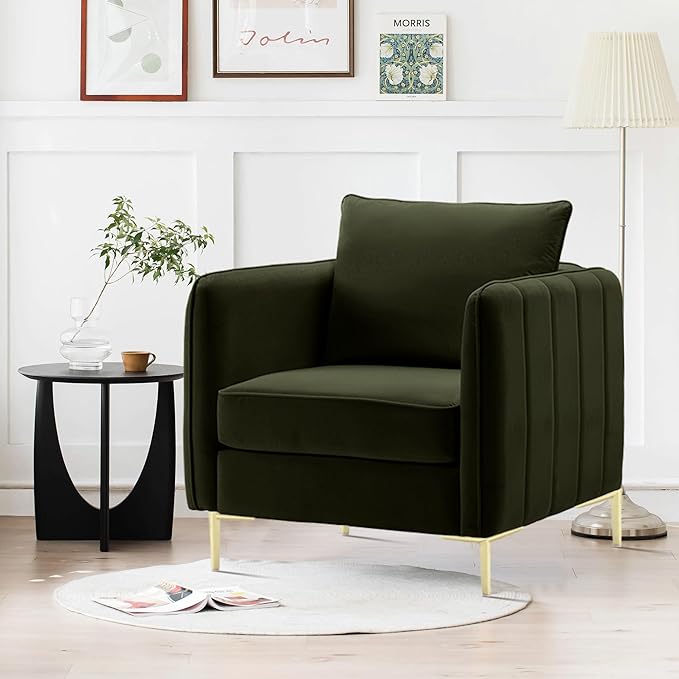 Leather Accent Chair Mid Century Modern PU Leather High Back Armchair for Living Room Chairs with Solid Wood Legs for Small Spaces Bedroom Office (Green-Velvet 29.13D x 32.68W x 35.04H)