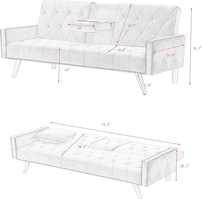 70” Velvet Futon Sofa Bed with 2 Cup Holders Convertible Sleeper Bed Modern Loveseat for Living Room Bedroom Pink