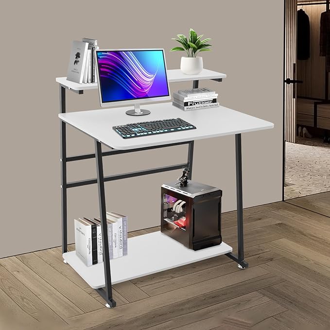 Home Office Desk3 Tier Rolling Computer Desk36inch Modern Home Desk Computer Desk Writing Table with Under Desk Storage Shelves for Home Office Study Bedroom (Black+White)