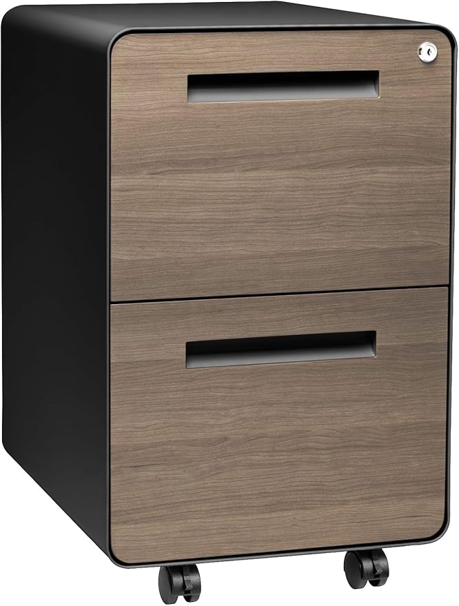 Laura Davidson Furniture Stockpile 2 Drawer Mobile File Cabinet with Lock - Under Desk Metal Filing Cabinet Legal/Letter File Folders Wheels and Stationary Feet Pre-Assembled Black/Wood