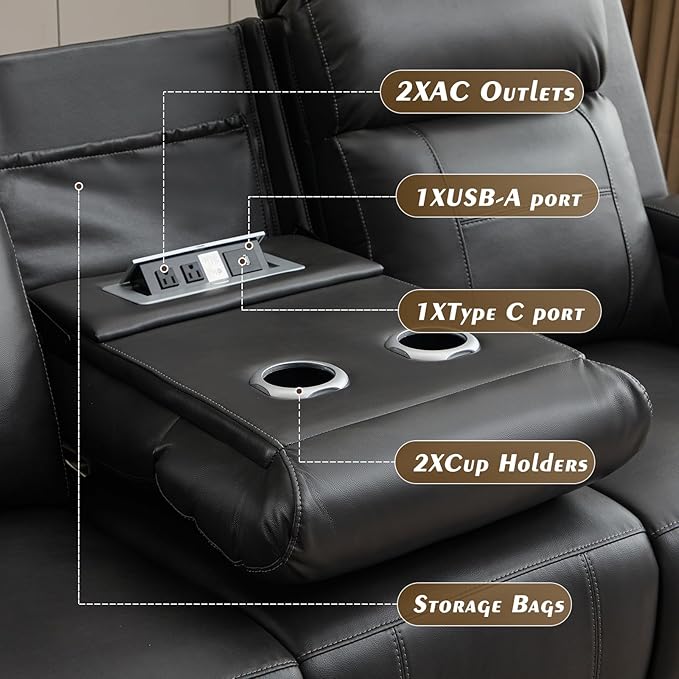 Power Reclining Sofa with Adjustable Headrest/LED Light Electric Reclining Couch with Dual Ports Storage Outlet Power Loveseat Recliner Sofa for Living RoomApartment (Dark Grey 3 Seater)