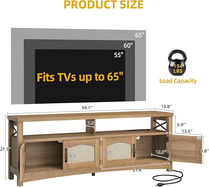 DWVO Farmhouse TV Stand for 65 inch TVs LED Entertainment Center with Storage TV Console with Power Outlets Wooden Bar Coffee TV Table with Shelves for Living Room (Oak)