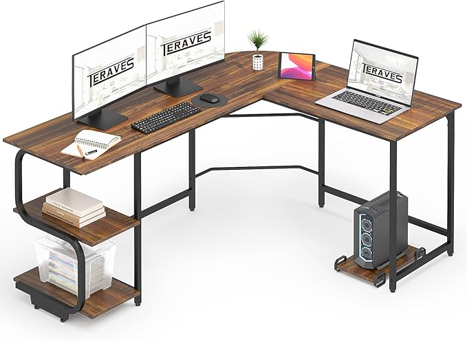 Teraves Reversible L Shaped Desk with Large Surface 69 Inch Sturdy Corner Desk with Storage Shelves Premium Office Computer Desk Workstation for Home Office Gaming