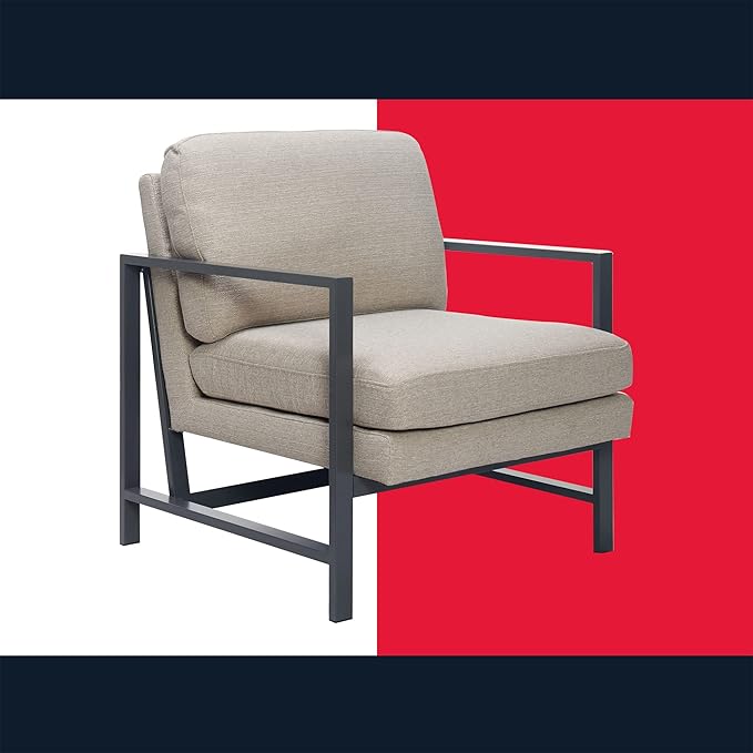 Tommy Hilfiger Russell AccentChair Medium-Soft Pillow Back Mid-Century Modern &amp Industrial Armchair Comfortable LoungeChair for Living Room Bedroom or Office Gray Square Metal Frame in Linen