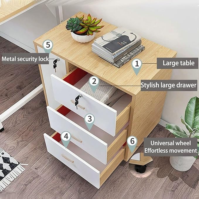 Mobile File Cabinet Under Desk File Cabinet with 3 Drawers 1 Door Lockable Office Filing Cabinet with Wheels Wood Storage Rolling Cabinet for Home Office 60 * 37 * 57CM