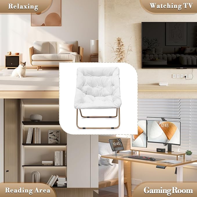 Athena Collection Comfy Saucer Chair and Ottoman Set of 2 for Adult Comfortable Faux Fur Square Oversize Folding Reading Chair with Metal Leg Lazy and Cozy for Bedroom Living Room White