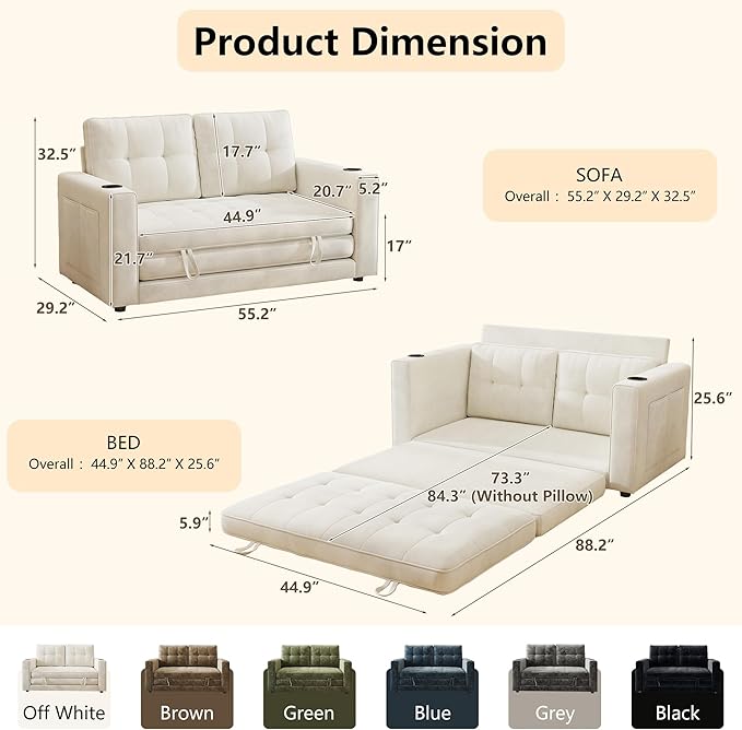 Convertible Sofa Bed Pull Out Loveseat Sleeper Sofa 2 in1 Folding Couch Bed Floor Sofa Couch for Small Spaces Fold Out Floor Bed with Pillows for Living Room Bedroom - Beige