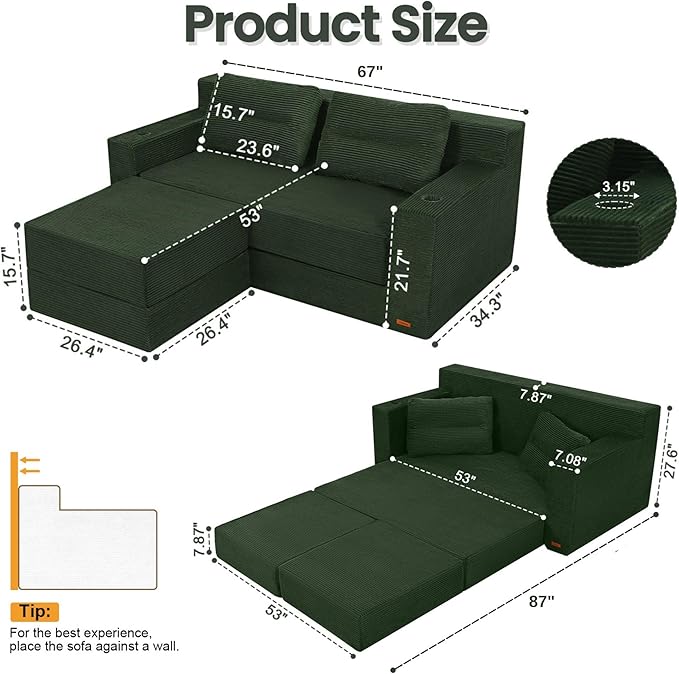 COMAX Futon Sofa Bed Boneless Loveseat Couch in A Box 67 L-Shaped Convertible Sofa Bed Corduroy for Living Room Fold Out Small Foldable Loveseat Foam with Movable Ottoman Floor Sleeper Green