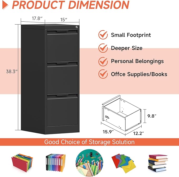 3 Drawer File CabinetFiling Cabinets for Home Office Metal Vertical File Storage with Lock Locking for A4 Legal/Letter Assembly Required(Black)