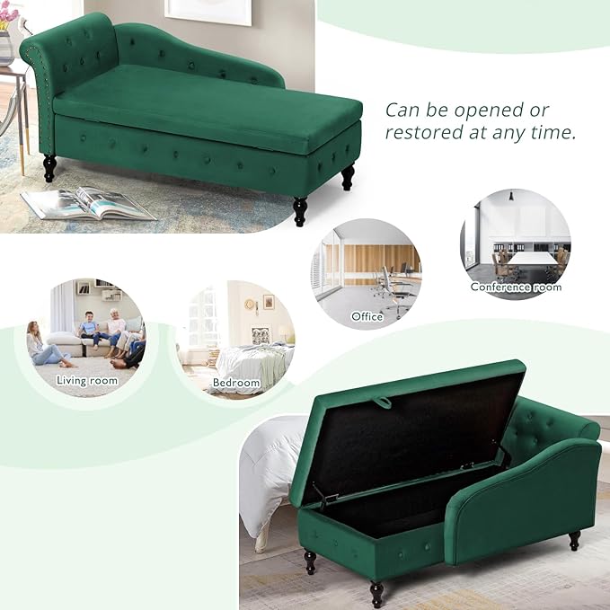 Upholstered Chaise Lounge with Left Armrest &amp Lumbar PillowButton Tufted Lounge Sofa with StorageLounge Chair IndoorModern Velvet Lounge Chair for Bedroom Living Room and OfficeGreen