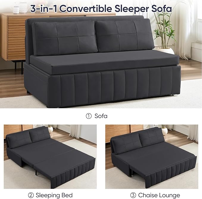 ijuicy 3 in 1 Queen Size Pull Out Sofa Bed Leathaire Sleeper Sofa with Pullout Bed Convertible Loveseat Couch with Pillows and Tri-fold Mattress for Small Spaces Apartment Dark Grey