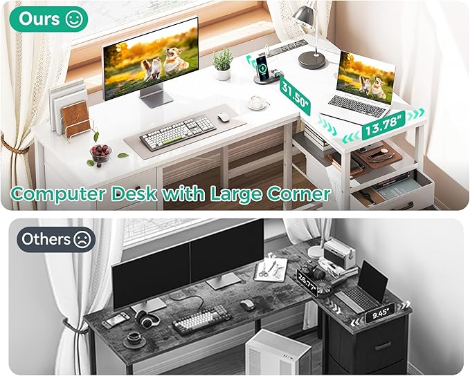 Coleshome L Shaped Computer Desk with 6 Drawers &amp Power Outlet 55 Inch Corner Desk with Reversible Storage Shelf &amp File Drawer Home Office Desk White
