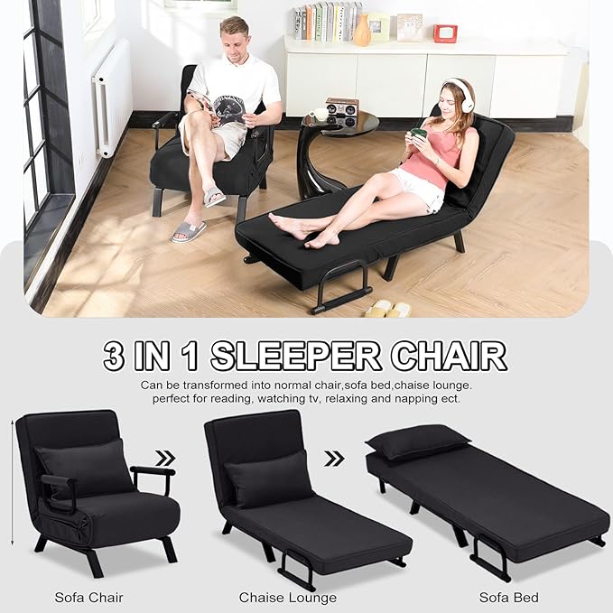 Folding Sofa Bed Sleeper Chair3-in-1 Single Convertible Sofa with Adjustable BackrestLazy Bed Leisure Recliner with PillowTri-fold Upholstered Armchair (Black Standard)