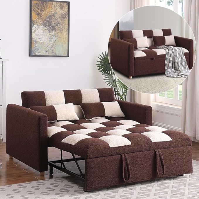 Convertible Sofa Bed - 53.5'' Loveseat Sleeper Sofa3-in-1 Teddy Velvet Pull-Out Bed with Adjustable BackrestMulti-Functional Lounge Chair for Living RoomSmall Space(Brown + Beige)