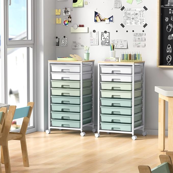 Rolling Storage Utility Cart Organizers with 8 Drawers and Wooden Tabletop for Living RoomOfficeClassroomCraft RoomBedroomDormGreen