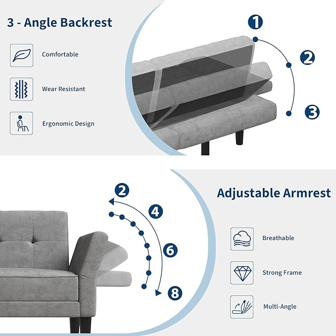GarveeHome 89 Futon Sofa Bed Convertible Sleeper Sofa with Adjustable Backrest &amp Armrest Modern Futon Couch Bed Loveseat Sleeper for Living Room Bedroom Apartments Grey