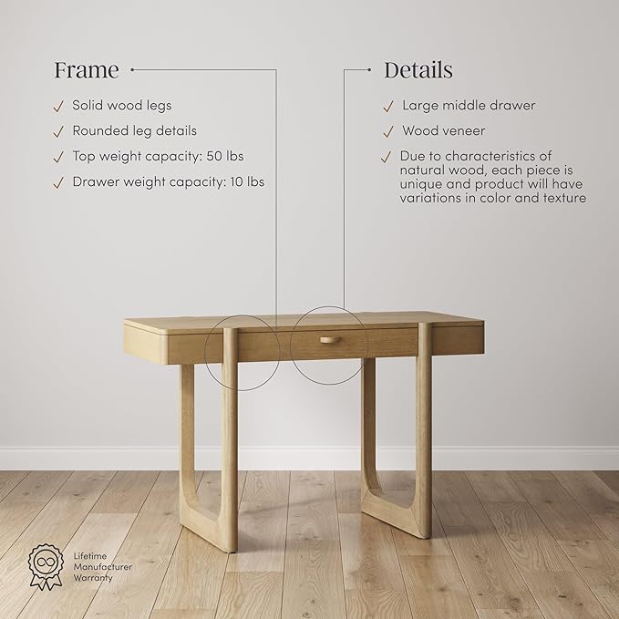 Nathan James Haley Mid Century Modern Home Office Desk Solid Wood Writing Desk with Drawer and Rounded Legs Light Brown