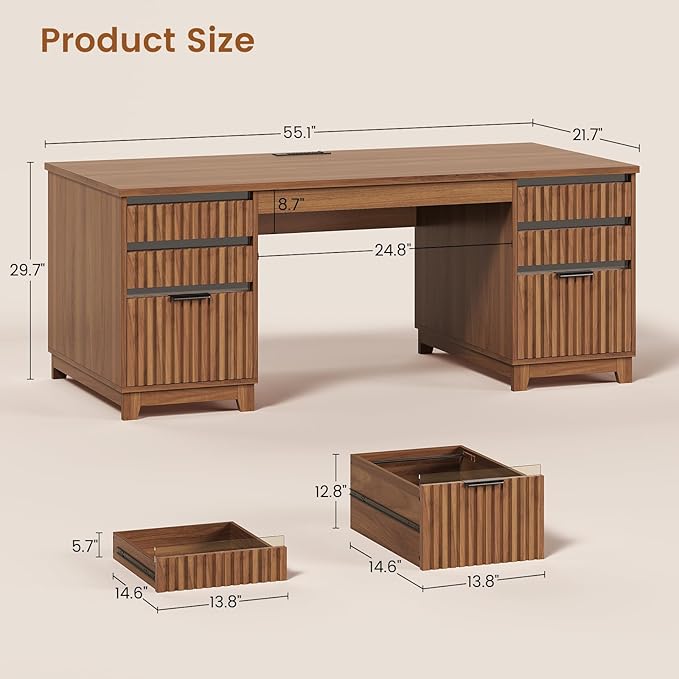 SEDETA 55.1 Fluted Office Desk with 6 Drawers Modern Computer Desk with Acrylic File Drawers Executive Desk with Power outlets for Home Office and Study (Brown)