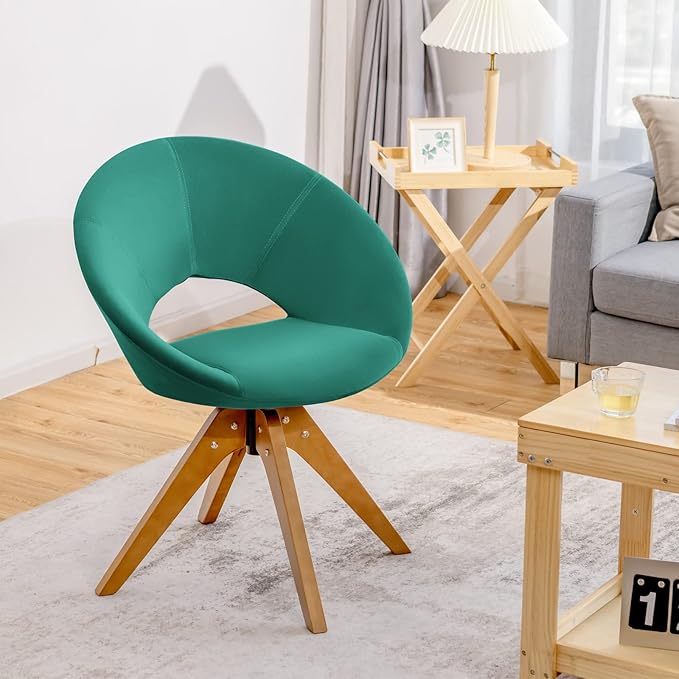 Giantex Swivel Accent Chair Modern Office Chair with Wood Legs Oversized Upholstered Seat Round Tufted Back Velvet Vanity Chair for Living Room Bedroom Green