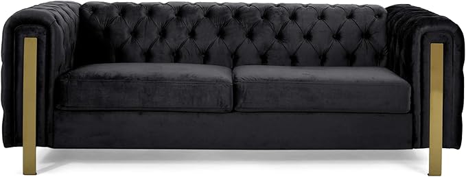 83.75''Velvet Sofa Couch Comfy Couches for Living Room Button Tufted Upholstered Oversized Loveseat Sofa with Gold Iron Legs Modern Deep Seat Furniture for Office Apartment Black