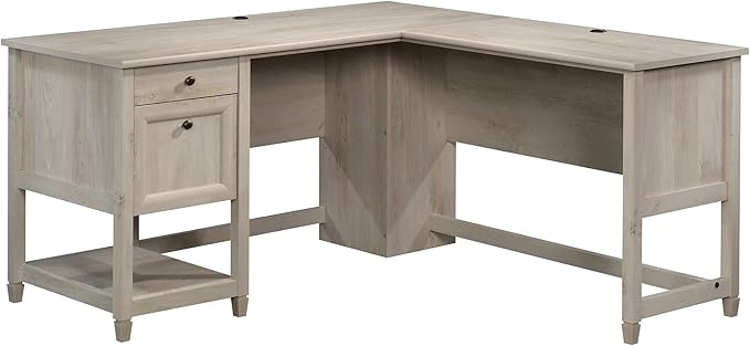 Sauder Edge Water L-Shaped Corner Desk with Storage Drawers and Open Shelf in Chalked Chestnut