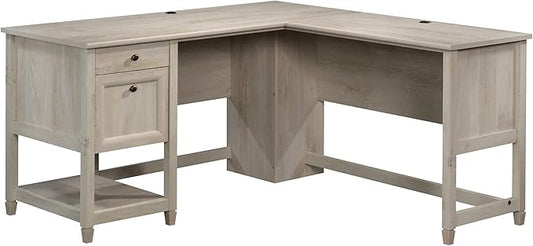 Sauder Edge Water L-Shaped Corner Desk with Storage Drawers and Open Shelf in Chalked Chestnut