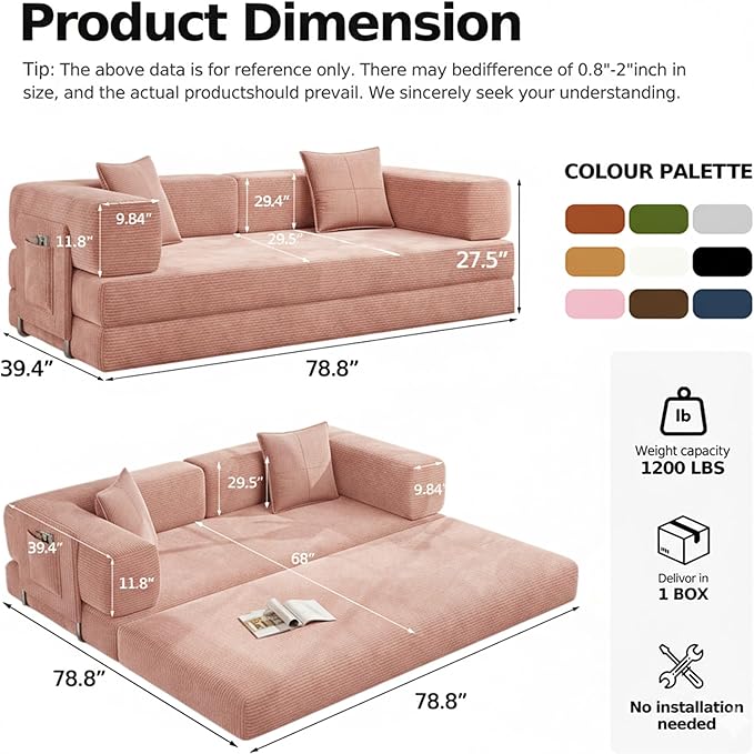 78.8’’ Boneless Sleeper Sofa BedConvertible Futon Couch with Storage Pocket and 2 PillowsModular Corduroy Sofa for livingroomSmall speacePink