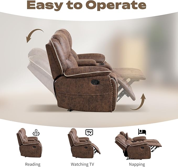 EBELLO Faux Leather Manual Recliner 3 Seater Reclining Sofa Chair 3 Seat Sofa Couch with Hidden Cup Holders Vintage Rivet Mid-Century Design for Living Room Meeting Room Brown