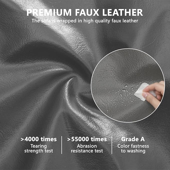 93.7 King Size Sleeper Sofa Bed Pull Out Sofa Bed Faux Leather Upholstery 3 in 1 Convertible Sleeper Couch Chaise Lounge Retro Recliner for Living Room Office Apartment Grey