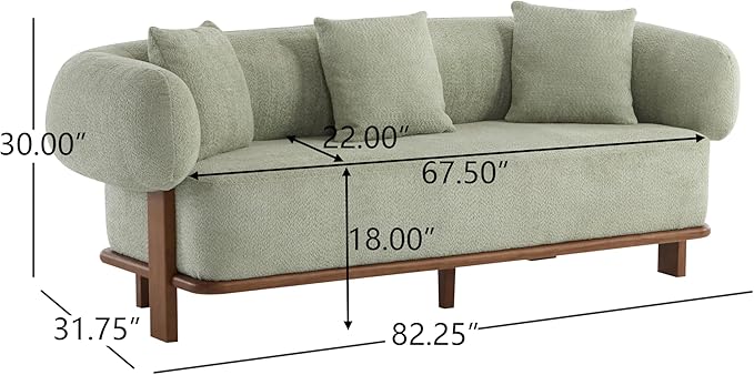 Christopher Knight Home Yule Living Room Wooden 3-Seater SofaBoucle Fabric Upholstered Lounge Sofa CouchHome Office/Bedroom Sofa Chair with Accent PillowComfy Reading Cloud SofaLight Green + Brown