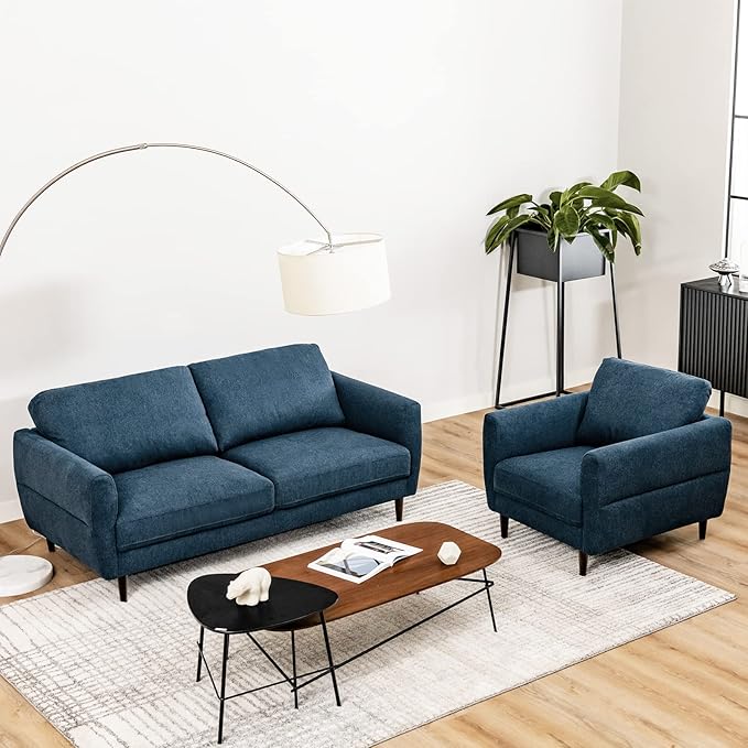 Giantex Loveseat and Armchair Set Upholstered 2-Seat Couch and Single Sofa with Solid Wood Frame Mid-Century Modern Furniture for Living Room Small Spaces Bedroom Apartment Reception Room Blue