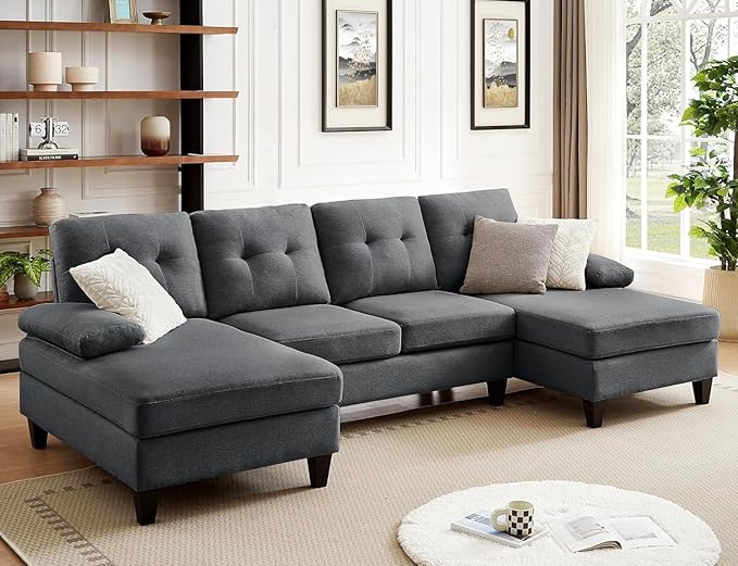 Sectional Sofa Couch for Living Room Convertible U Shape Sofas 4 Seat Modular Couches with Double Chaise and Portable Armrest Modern Polyester Fiber 111 (Dark Grey)
