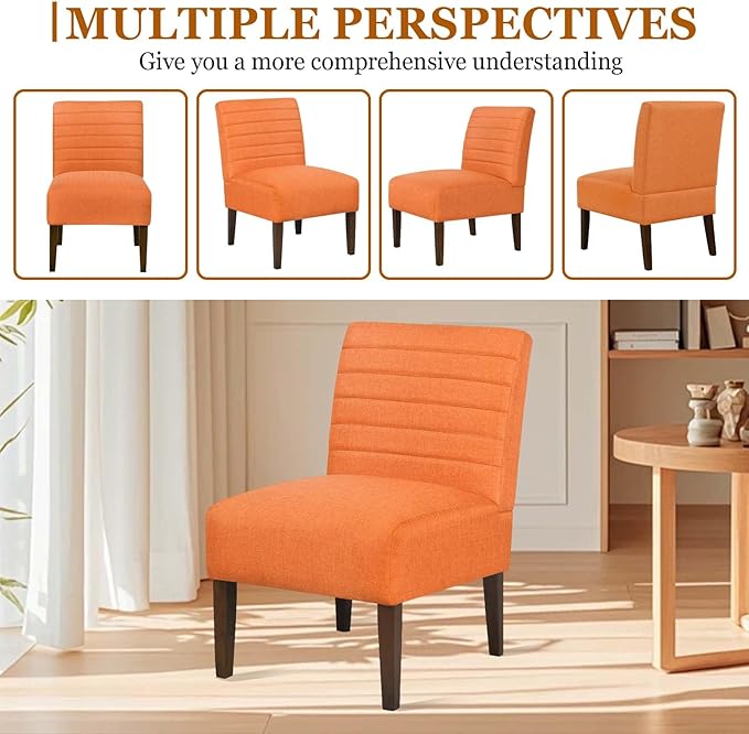 Modern Accent Chair for Living Room Upholstered Armless Slipper Chair with Back &amp Wood Legs Comfy Small Chair for Bedroom Living Room Reading Spaces Office (Orange)