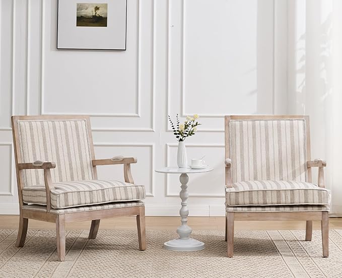 chairus Farmhouse Linen Accent Chair Set of 2 Upholstered Reading Chair with Solid Wood Frame Lounge Arm Chair with High Back for Living Room Reception Room Waiting Room Khaki Stripe