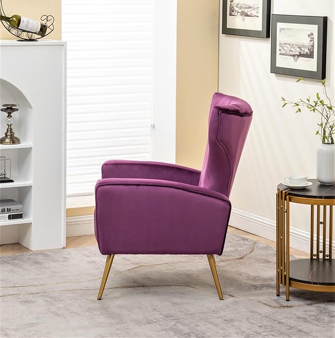 Modern Velvet Accent Chair Channel Tufted Bedroom Office or Living Room Furniture with Elegant Metal Legs 26 Wide Armchair Purple
