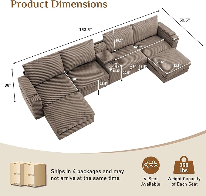 153 W x 60 D U Shape Sectional Sofa with USB Charging &amp Cup Holder &amp Storage 6 Seater Plush Corduroy Couches with Movable Ottoman Cloud Couch Sofas for Living Room DIY Combination - Brown