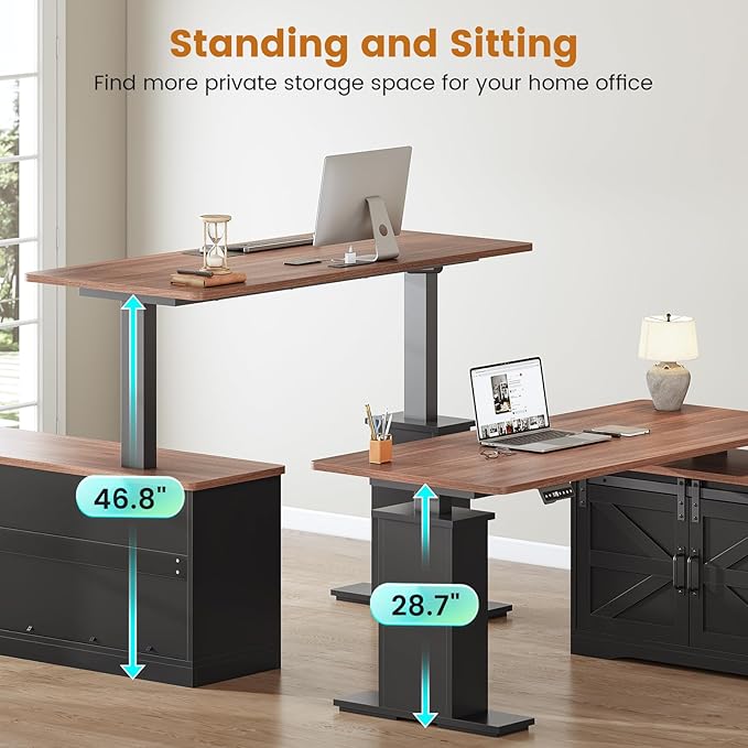 SEDETA Farmhouse L Shaped Standing Desk 55 inch Height Adjustable Corner Desk with Storage Drawers Standing Computer Desks with Power Outlets for Home Office Black