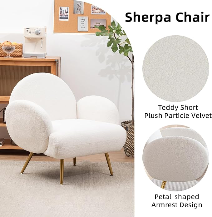 Accent Chair White with Golden Metal LegsReading Chair for Bedroom Comfy Boucle Sherpa Chair for Living Room Bedroom