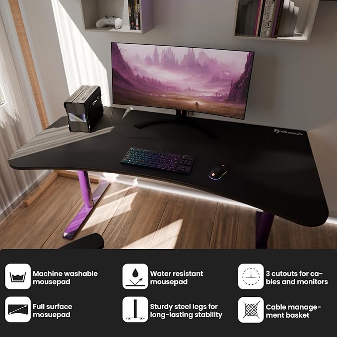 Arozzi Arena Ultrawide Curved Gaming and Office Desk with Full Surface Water Resistant Desk Mat with 3 Custom Monitor Mount Cut Outs and Under The Desk Cable Management Netting - Deep Purple
