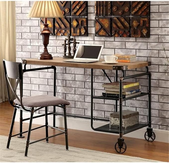 Pemberly Row Metal Writing Desk 47.25 W x 23.63 D x 30.13 H Antique Black Finish Steel and MDF Construction Industrial Style with Stacked Shelves and Caster Wheels Office Desk for Indoor Use