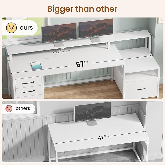 SEDETA White Computer Desk with 5 Drawer &amp Power Outlet 66'' Home Office Desk with File Drawer Storage Shelves Printer Cabinet and Monitor Shelf Gaming Desk with Led Lights