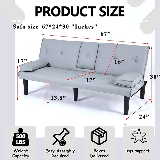 Light Gray Futon Sofa Bed - 67 Convertible Sleeper Loveseat Couch with Adjustable Backrest 2 Seater Small Futon Couch with Removable Armrests for Living Room Bedroom Dorm Apartment (Light Gray)